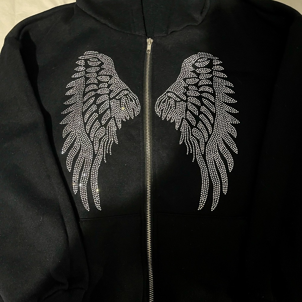 Black zip up hoodie from shein with gem angel wings, Size Xs in women